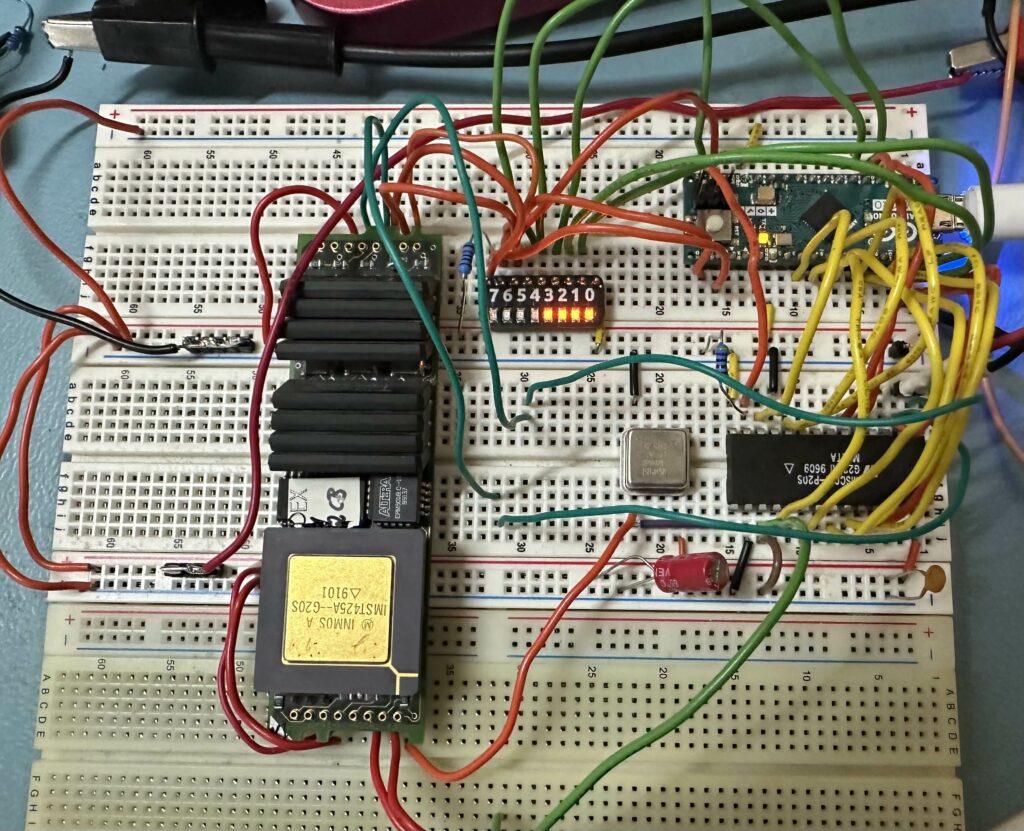 Arduino micro, an Inmos TRAM and a whole bunch of wires.
